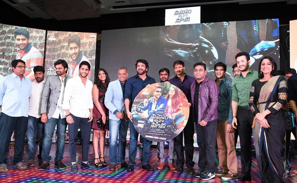 Naga Chaitanya, Manjima Mohan, AR Rahman and Nagarjuna at Sahasam Swasaga Sagipo Audio Launch