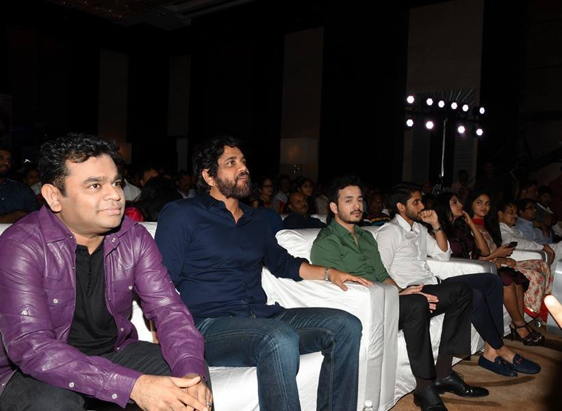 Naga Chaitanya, Akhil Akkineni, AR Rahman and Nagarjuna at Sahasam Swasaga Sagipo Audio Launch