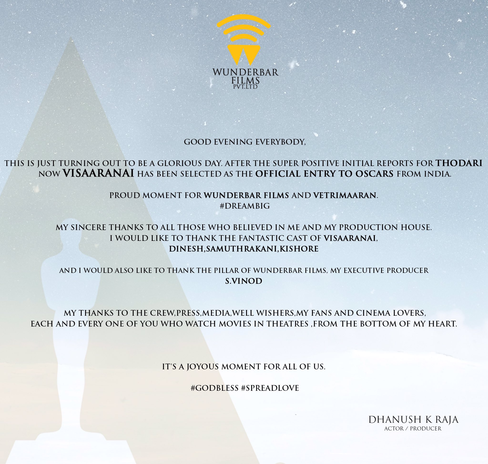 Dhanush's proud moment on Visaranai entering the Oscars