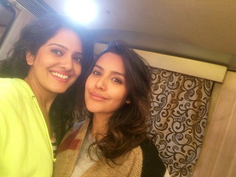 Priya Anand, Vishakha Singh on the sets of Fukrey Returns