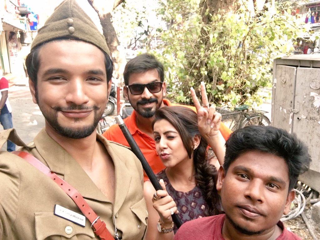 Gautham Karthik, Nikki Galrani, cinematographer Selvakumar SK and director Santhosh P Jayakumar on the sets of Hara Hara Mahadevaki