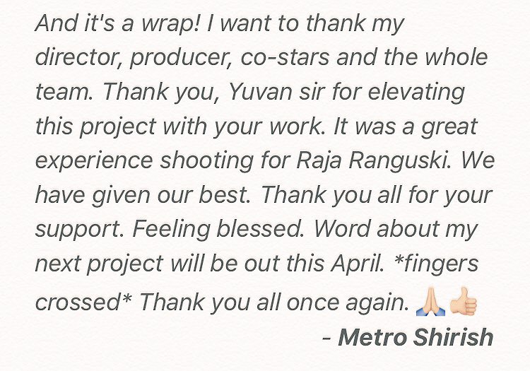 Metro Shirish, Chandini Tamilarasan's Raja Ranguski Shooting Wrapped Up