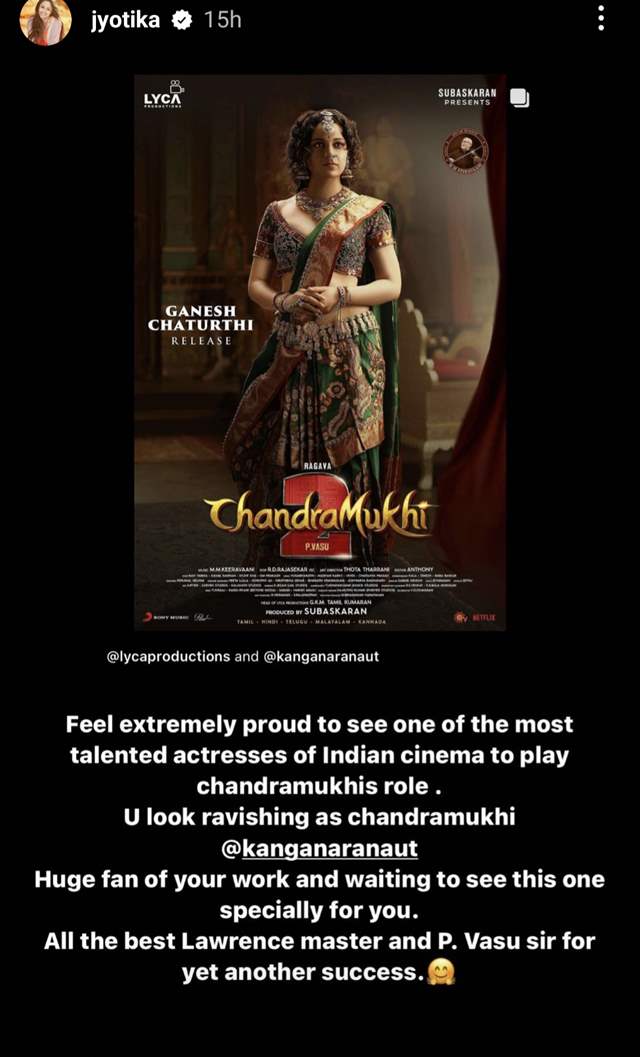 Jyotika calls Kangana Ranaut "ravishing" as Chandramukhi